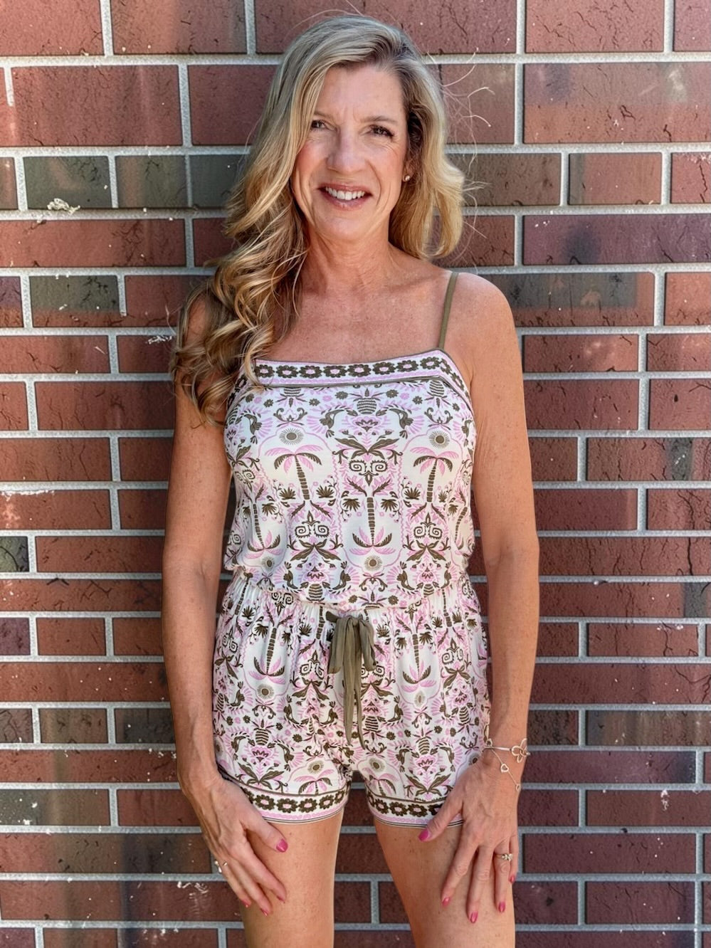Model wearing PJ Salvage Tiki Time Short PJ Set in pink and green tropical print at ooh la la! in Grapevine TX 76051