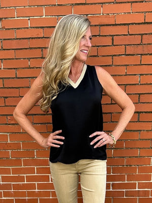 Molly Bracken Gold Trim VNeck Tank in black at ooh la la! in Grapevine TX 76051