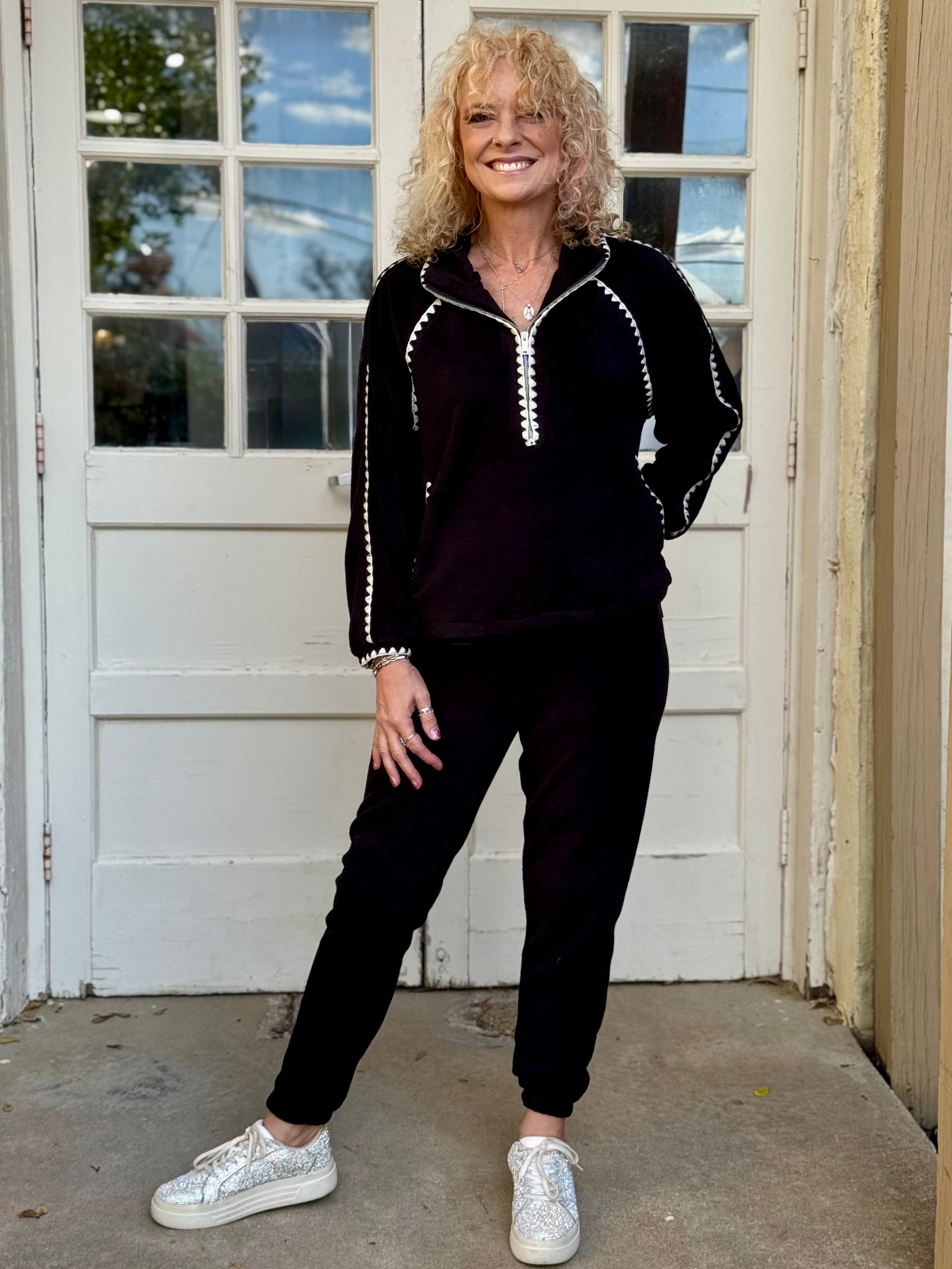 Trimmed Plush Jogger Set in black at ooh la la! in Grapevine TX 76051