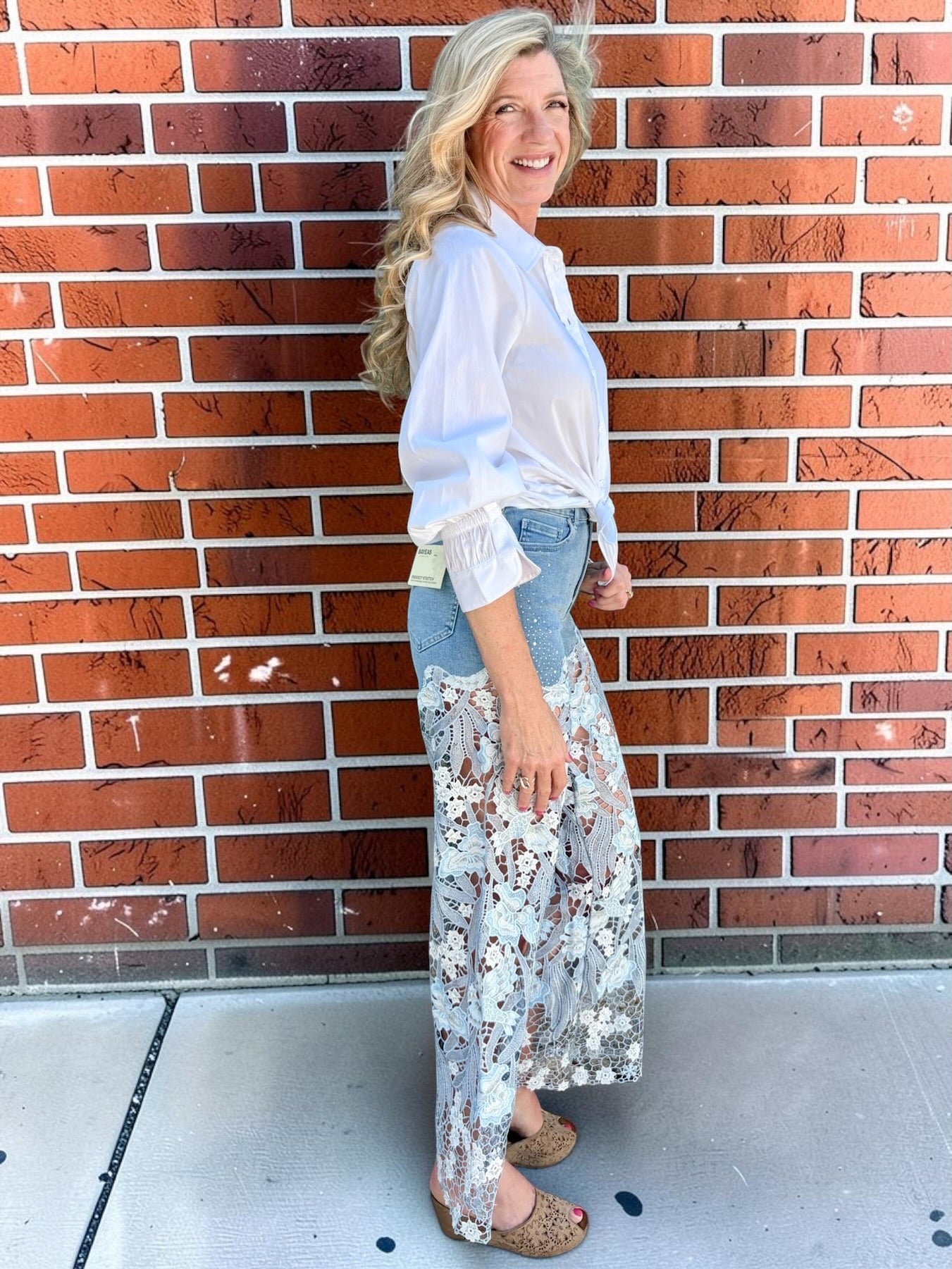High Rise Wide Leg Lace Denim Jeans With Rhinestones in blue at ooh la la! in Grapevine TX 76051