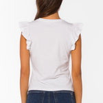 Optic White Ruffle sleeve top, cotton flutter tee, feminine crewneck shirt, women's cotton basics, flutter sleeve blouse, soft cotton t-shirt, Fabiola top, summer cotton tops at ooh la la! in Grapevine TX 76051