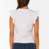 Optic White Ruffle sleeve top, cotton flutter tee, feminine crewneck shirt, women's cotton basics, flutter sleeve blouse, soft cotton t-shirt, Fabiola top, summer cotton tops at ooh la la! in Grapevine TX 76051