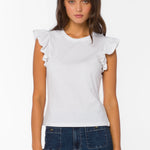 Optic White Ruffle sleeve top, cotton flutter tee, feminine crewneck shirt, women's cotton basics, flutter sleeve blouse, soft cotton t-shirt, Fabiola top, summer cotton tops at ooh la la! in Grapevine TX 76051