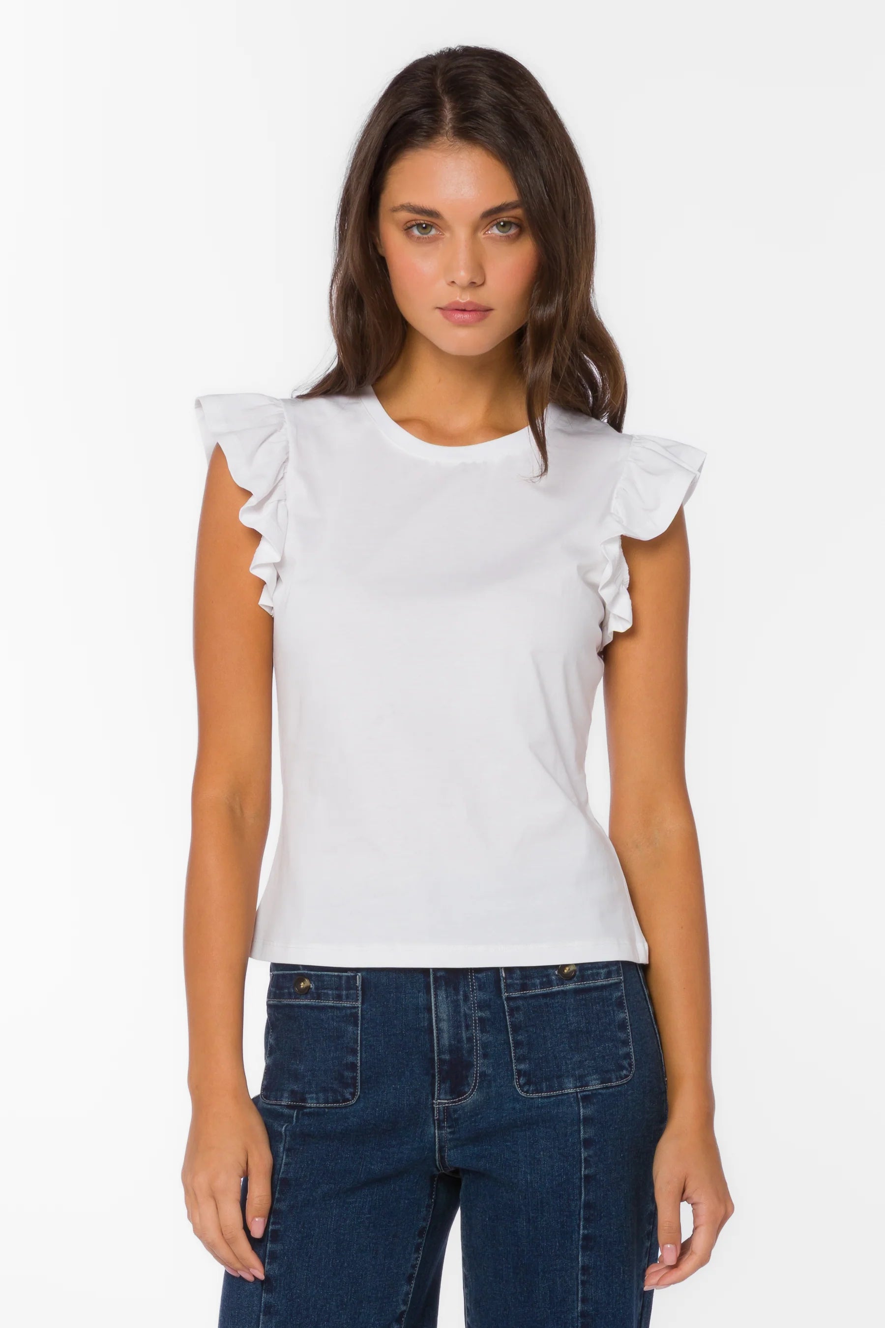 Optic White Ruffle sleeve top, cotton flutter tee, feminine crewneck shirt, women's cotton basics, flutter sleeve blouse, soft cotton t-shirt, Fabiola top, summer cotton tops at ooh la la! in Grapevine TX 76051