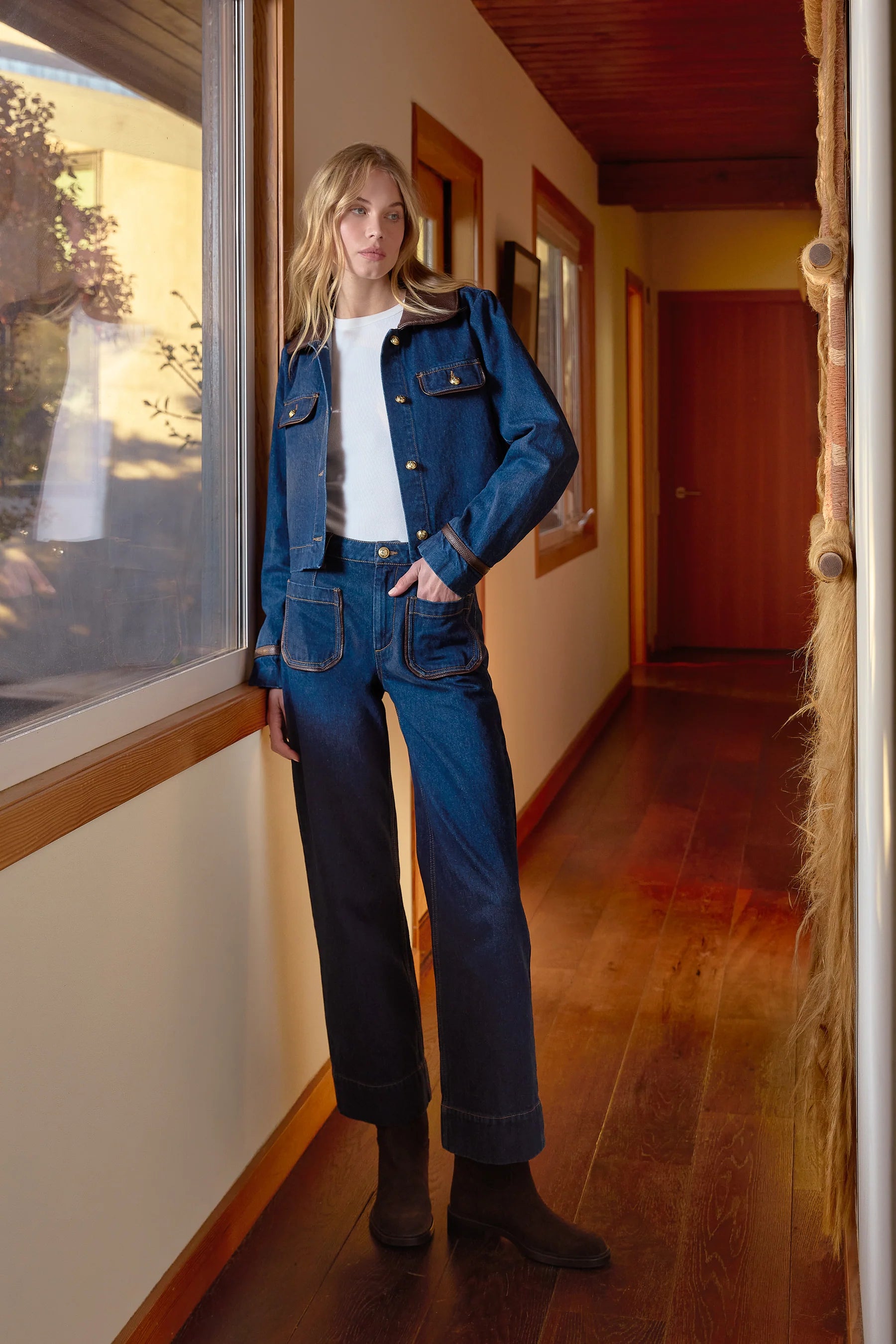 Velvet Heart Pepa Dark Blue Denim Jacket with Leather Trim and Gia Dark Blue Jeans with Leather Trim at ooh la la! in Grapevine TX 76051