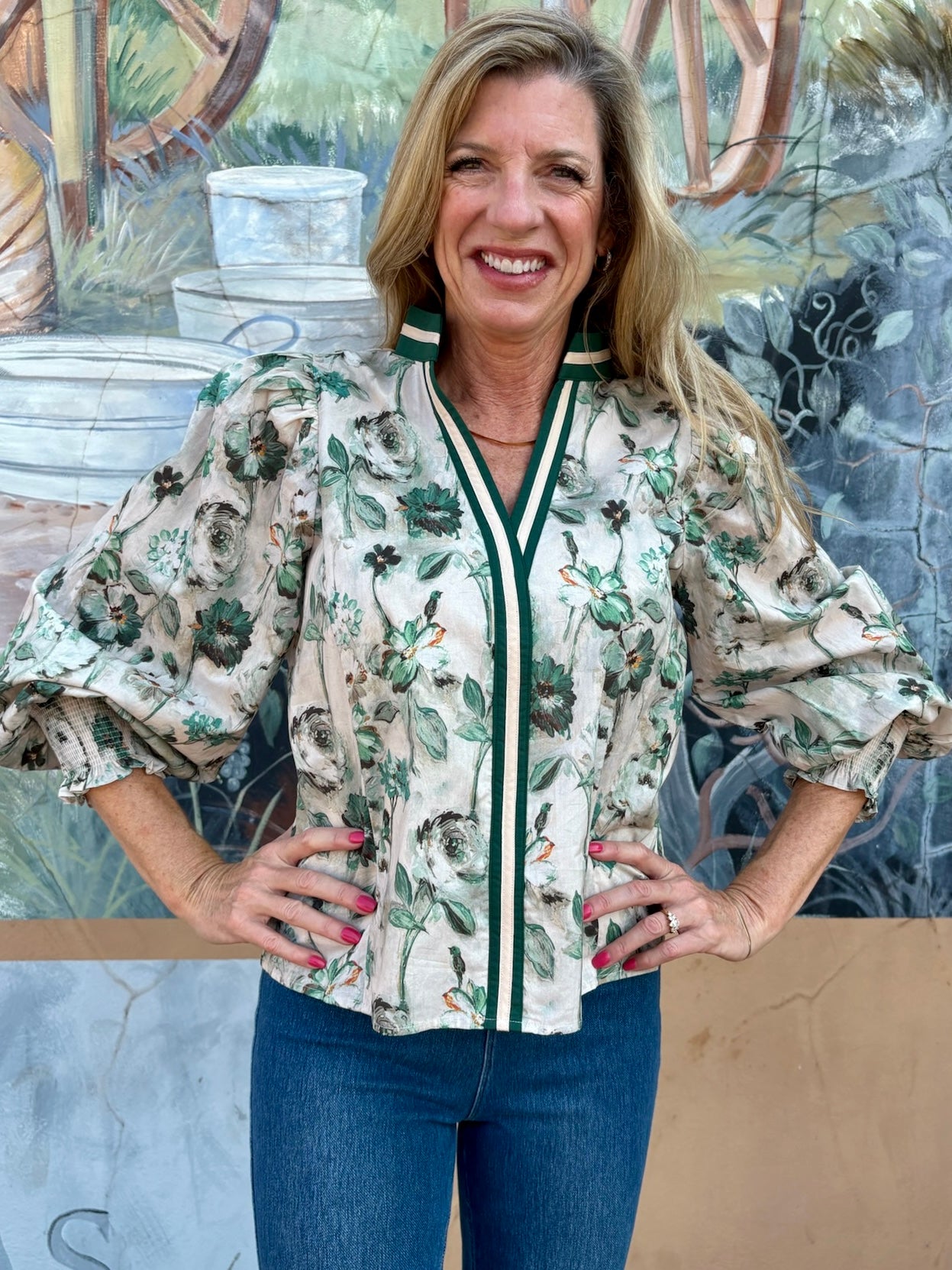 Floral Pattern Smocked Cuff Top at Ooh La La! in Grapevine TX 76051