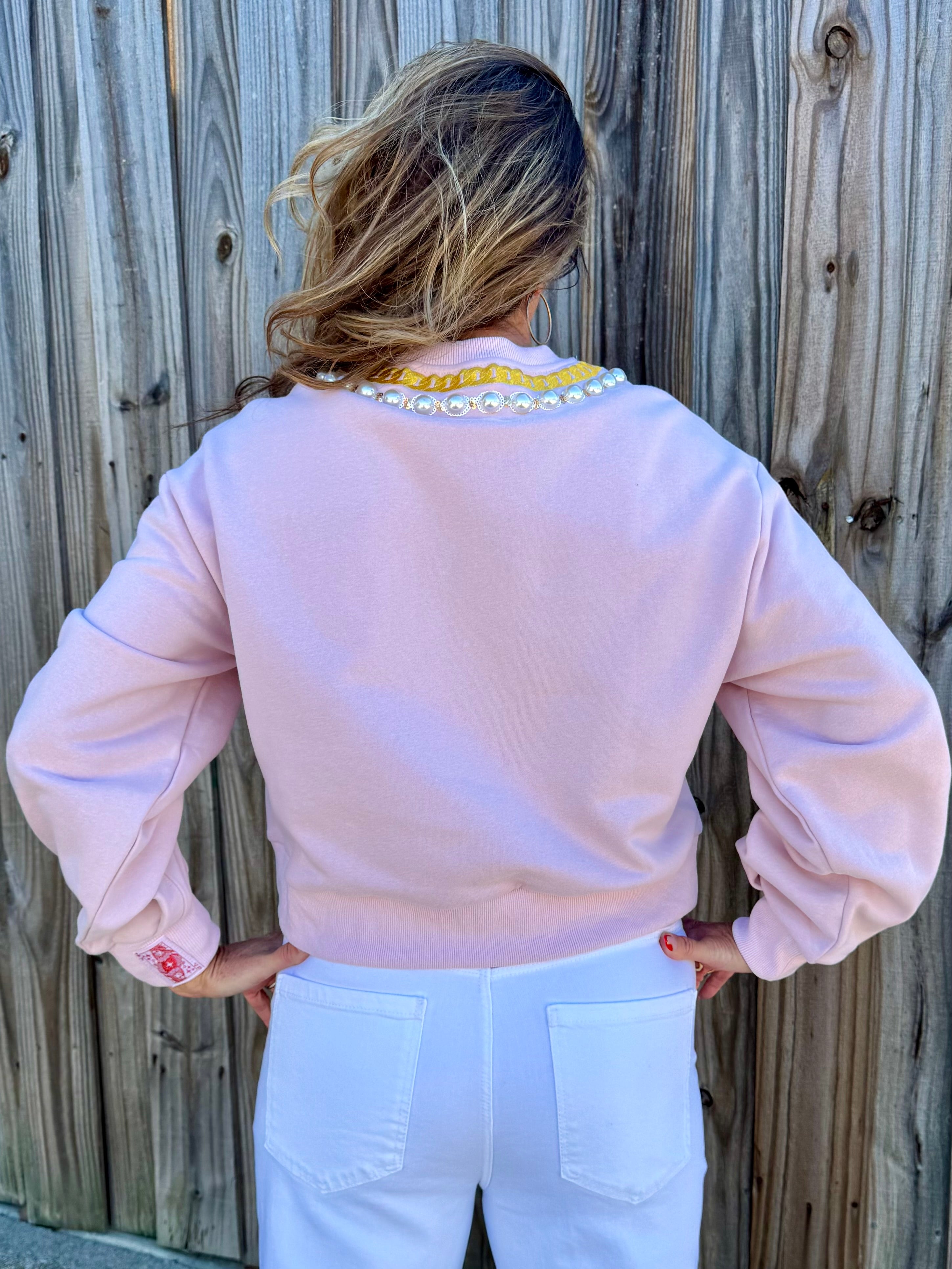 Queen of Sparkles Pearl & Chain Valentine's Day Charm Necklace Sweatshirt at ooh la la! in Grapevine TX 76051