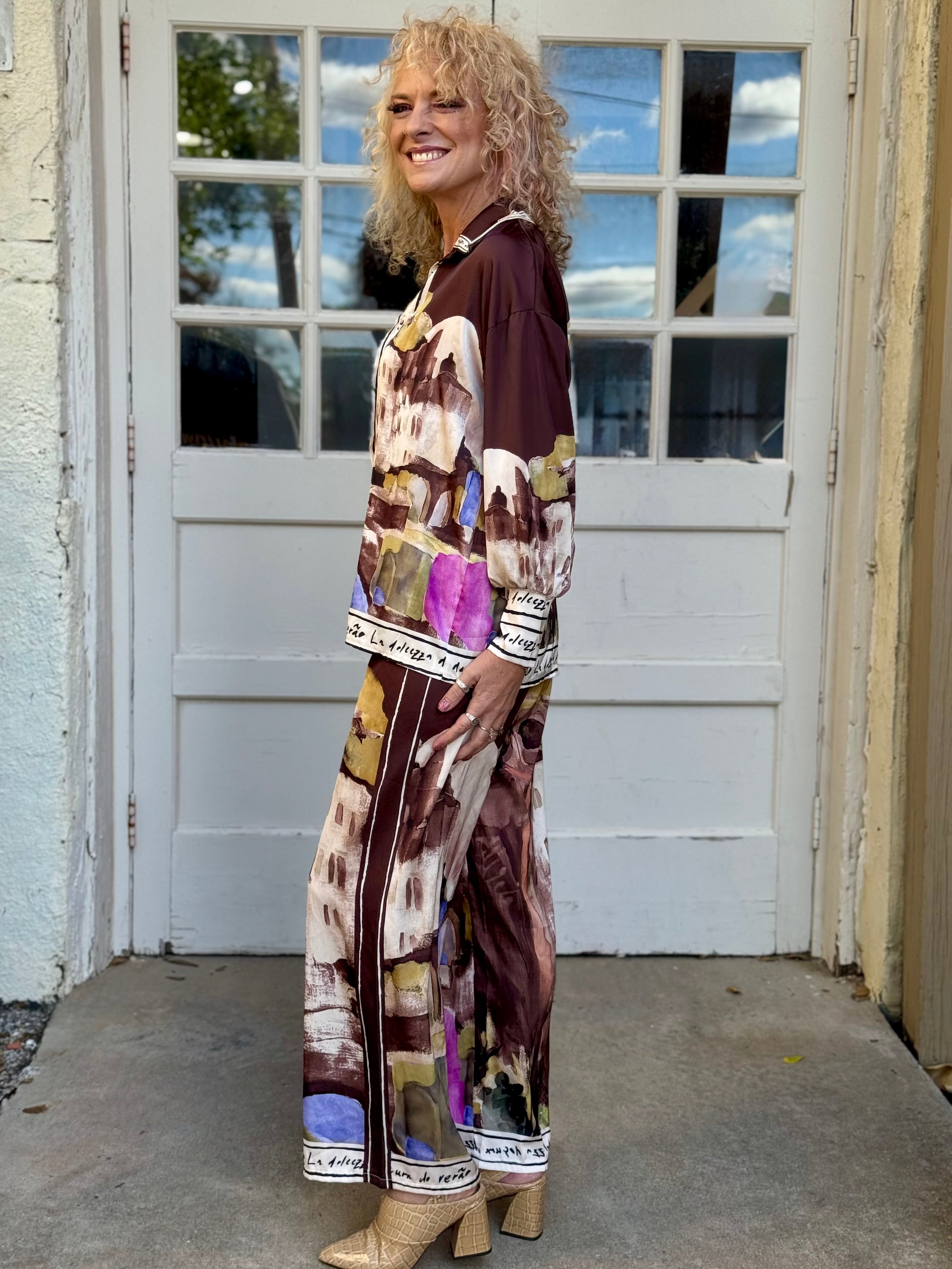 Satin Village Print Pant In brown at ooh la la! in Grapevine TX 76051