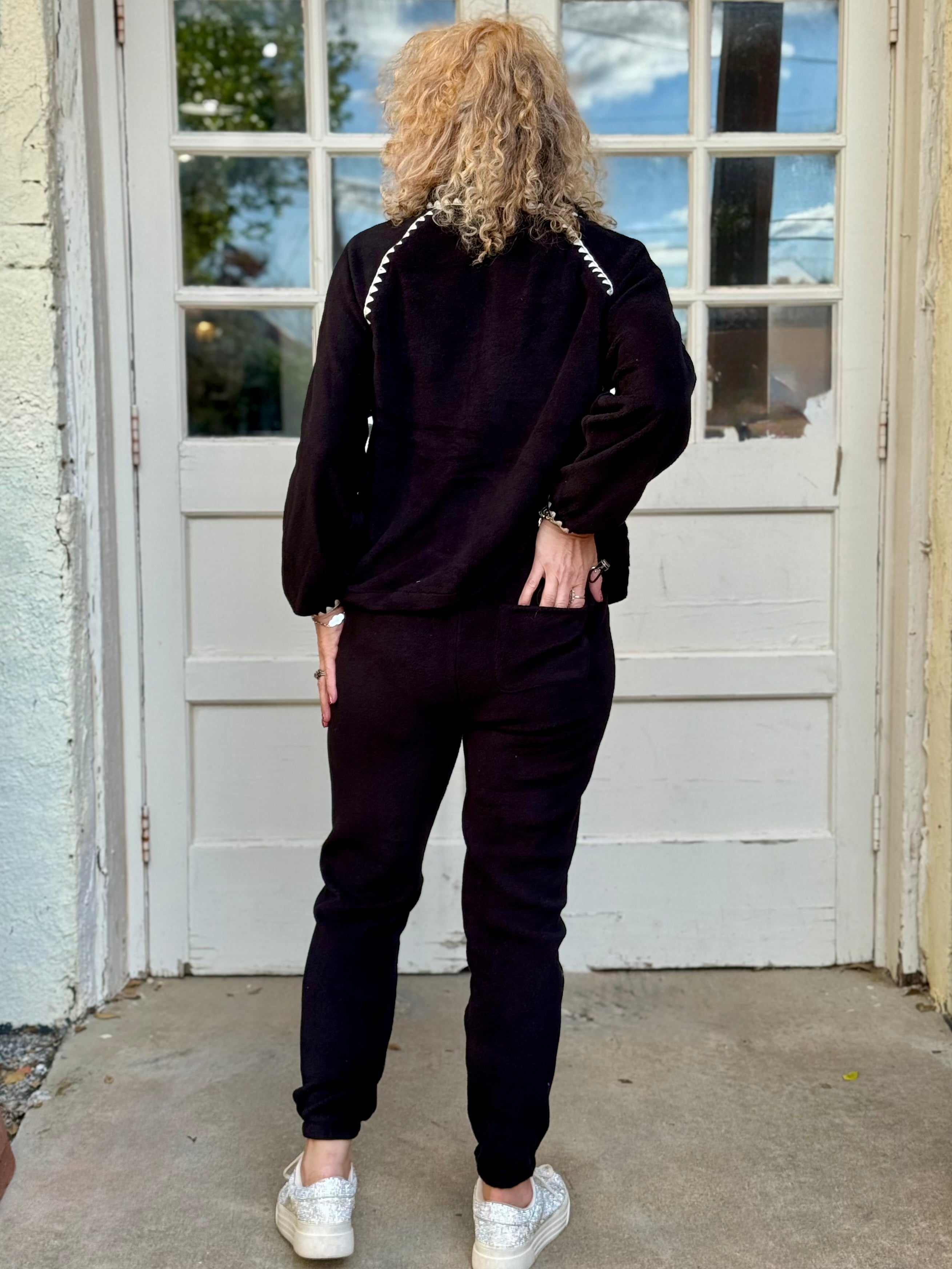 Trimmed Plush Jogger Set in black at ooh la la! in Grapevine TX 76051