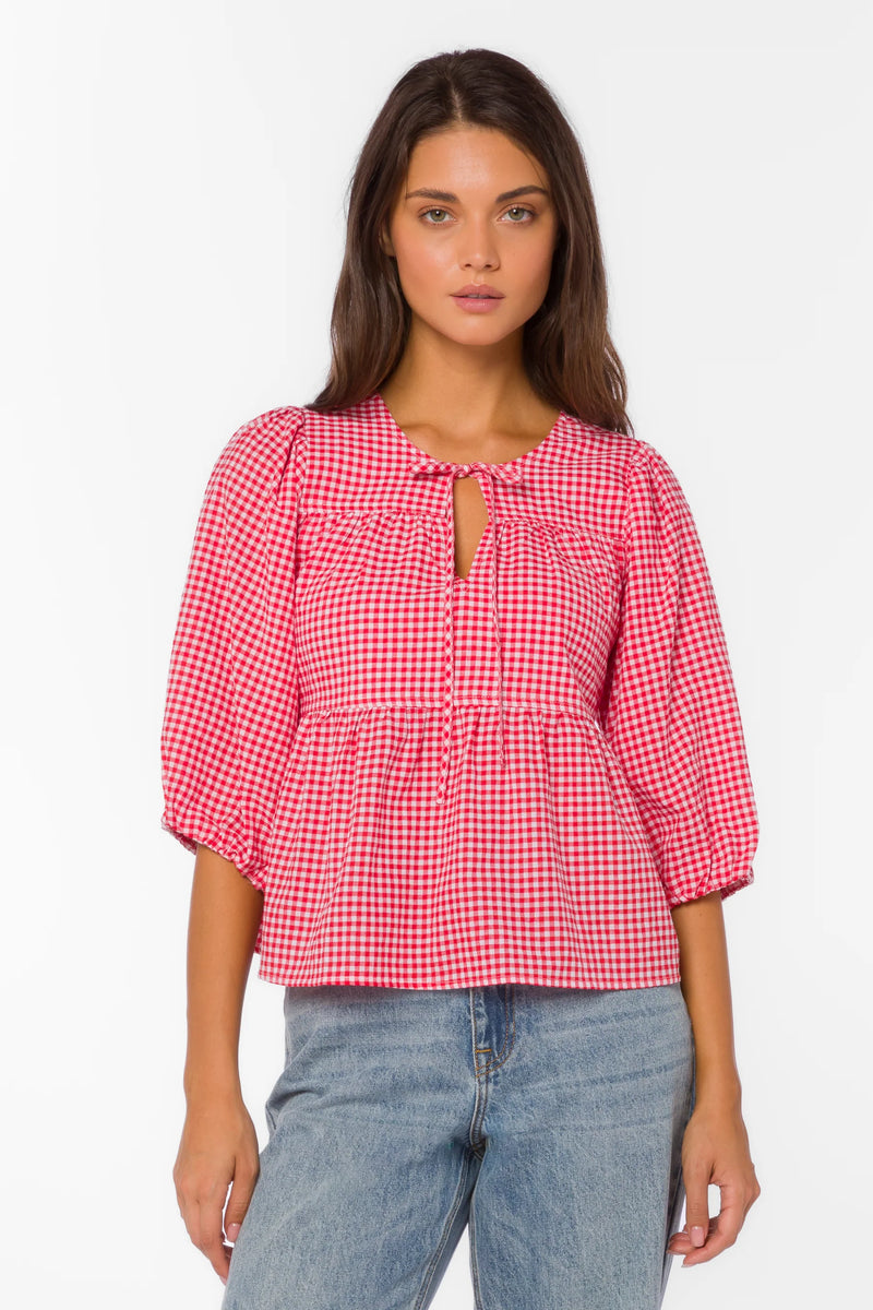 red gingham top, tiered cotton blouse, puff sleeve shirt, cherry red top, v-neck tie blouse, women's summer cotton tops, textured cotton blouse at ooh la la! in Grapevine TX 76051