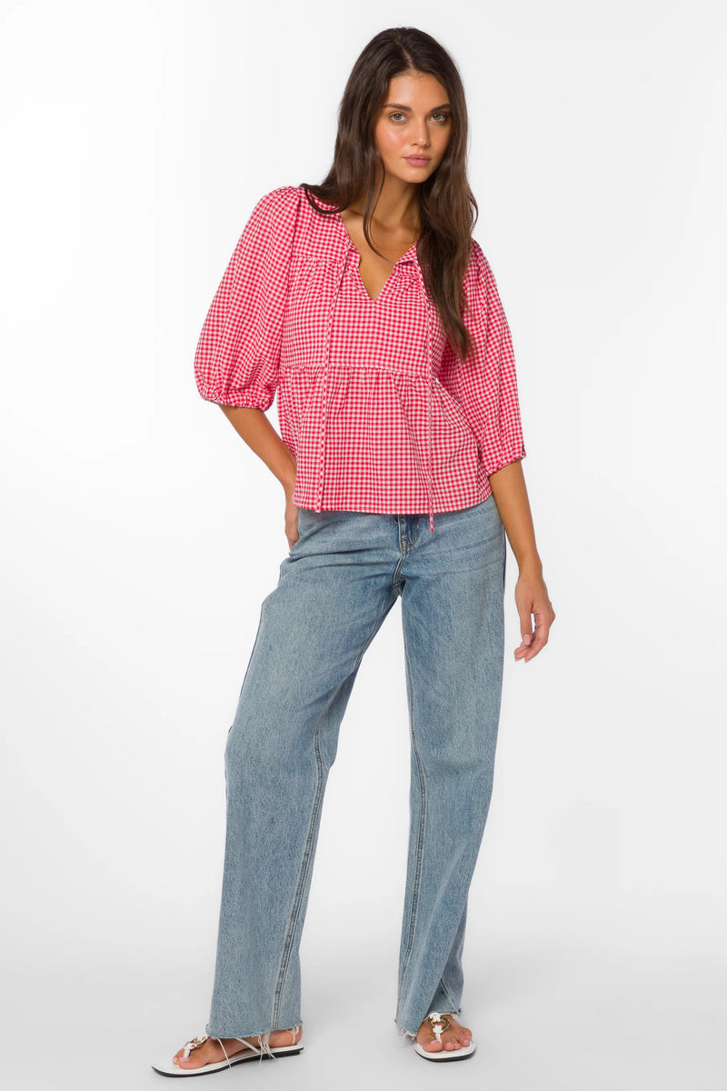 red gingham top, tiered cotton blouse, puff sleeve shirt, cherry red top, v-neck tie blouse, women's summer cotton tops, textured cotton blouse at ooh la la! in Grapevine TX 76051