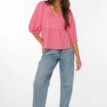 red gingham top, tiered cotton blouse, puff sleeve shirt, cherry red top, v-neck tie blouse, women's summer cotton tops, textured cotton blouse at ooh la la! in Grapevine TX 76051