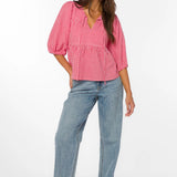 red gingham top, tiered cotton blouse, puff sleeve shirt, cherry red top, v-neck tie blouse, women's summer cotton tops, textured cotton blouse at ooh la la! in Grapevine TX 76051