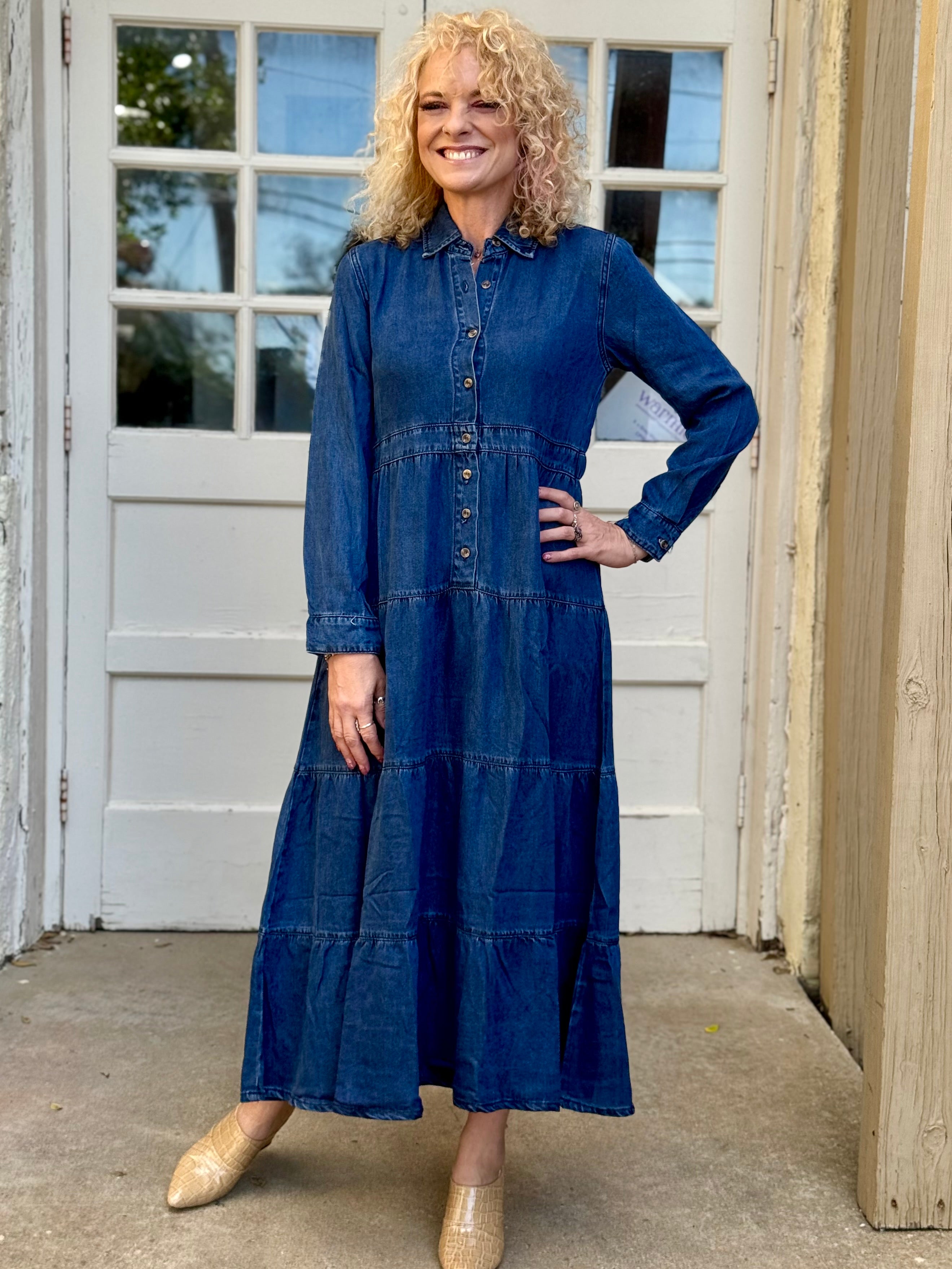 Judith Long Sleeve Denim Tiered Maxi Dress at ooh la la! in Grapevine TX 76051