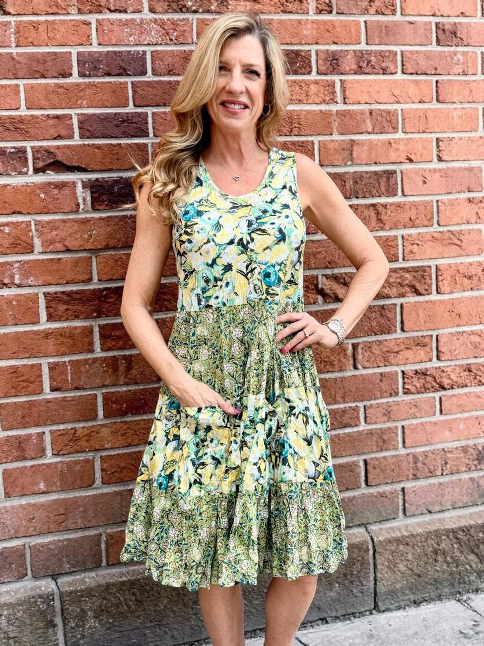 Dress Addict Joy Dress, organic cotton tank dress, floral knee length dress with pockets, crinkle cotton summer dress, Mixed Roses print dress, sustainable women's fashion, bias-cut sleeveless dress. at ooh la la! in Grapevine TX 76051