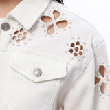 Petal Cutout Pearl-Embellished Cropped Denim Jacket