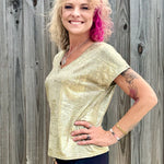 Molly Bracken Metallic V-Neck knit top in gold at ooh la la! in Grapevine TX 76051