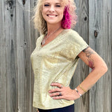 Molly Bracken Metallic V-Neck knit top in gold at ooh la la! in Grapevine TX 76051