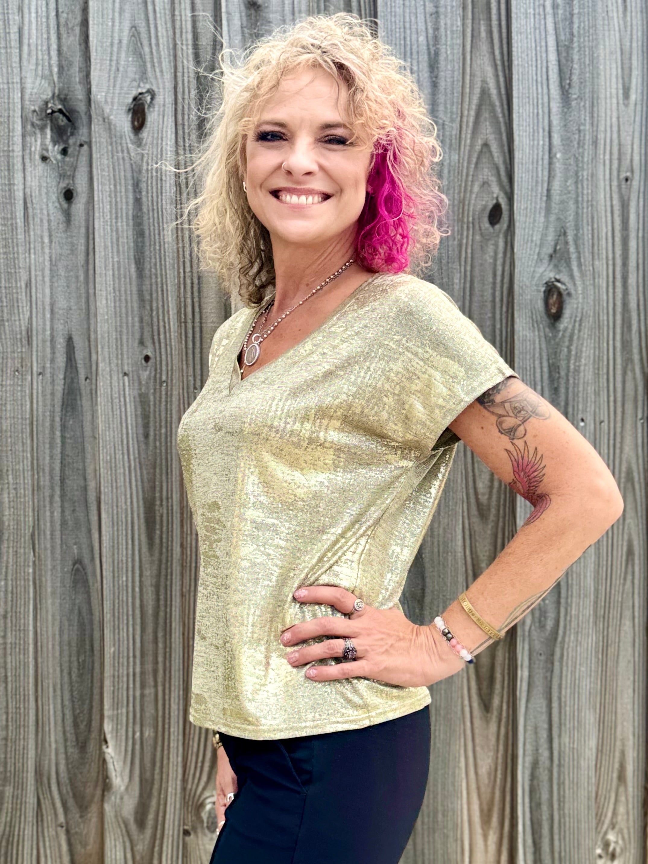 Molly Bracken Metallic V-Neck knit top in gold at ooh la la! in Grapevine TX 76051