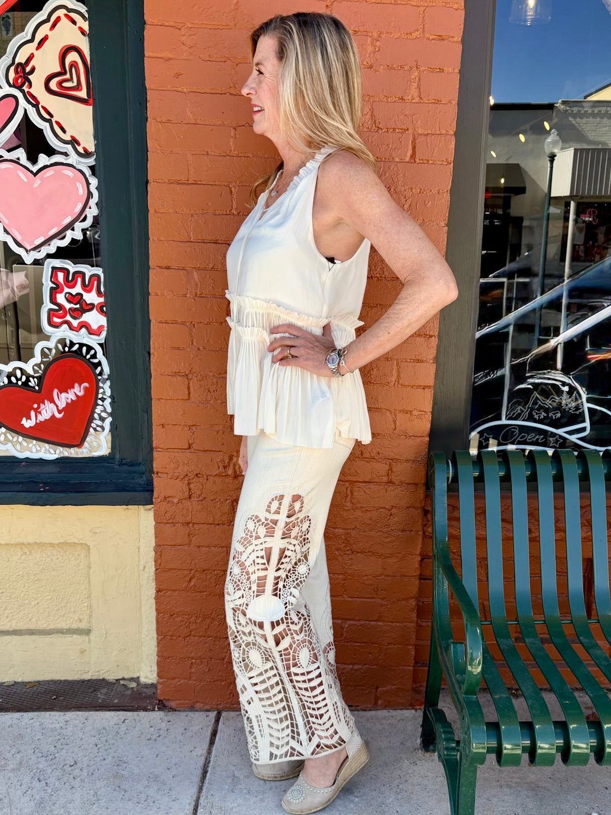 Bayeas High Rise Wide Leg Side Lace Jeans in beige at ooh la la! in Grapevine TX 76051