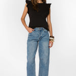 Black Ruffle sleeve top, cotton flutter tee, feminine crewneck shirt, women's cotton basics, flutter sleeve blouse, soft cotton t-shirt, Fabiola top, summer cotton tops at ooh la la! in Grapevine TX 76051