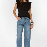 Black Ruffle sleeve top, cotton flutter tee, feminine crewneck shirt, women's cotton basics, flutter sleeve blouse, soft cotton t-shirt, Fabiola top, summer cotton tops at ooh la la! in Grapevine TX 76051