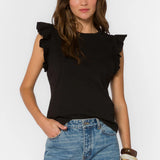 Black Ruffle sleeve top, cotton flutter tee, feminine crewneck shirt, women's cotton basics, flutter sleeve blouse, soft cotton t-shirt, Fabiola top, summer cotton tops at ooh la la! in Grapevine TX 76051