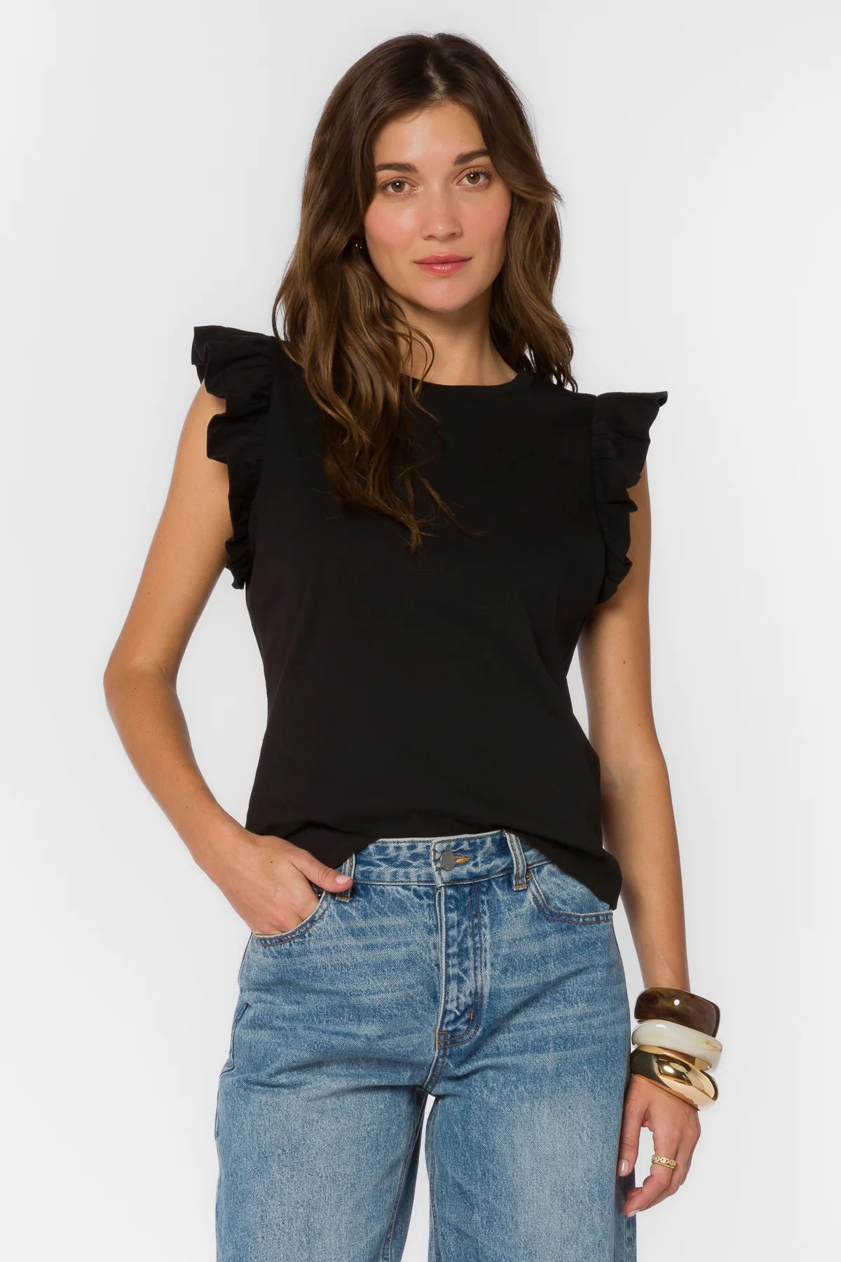 Black Ruffle sleeve top, cotton flutter tee, feminine crewneck shirt, women's cotton basics, flutter sleeve blouse, soft cotton t-shirt, Fabiola top, summer cotton tops at ooh la la! in Grapevine TX 76051