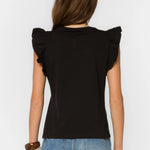 Black Ruffle sleeve top, cotton flutter tee, feminine crewneck shirt, women's cotton basics, flutter sleeve blouse, soft cotton t-shirt, Fabiola top, summer cotton tops at ooh la la! in Grapevine TX 76051