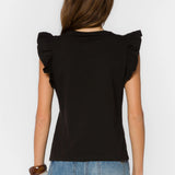 Black Ruffle sleeve top, cotton flutter tee, feminine crewneck shirt, women's cotton basics, flutter sleeve blouse, soft cotton t-shirt, Fabiola top, summer cotton tops at ooh la la! in Grapevine TX 76051