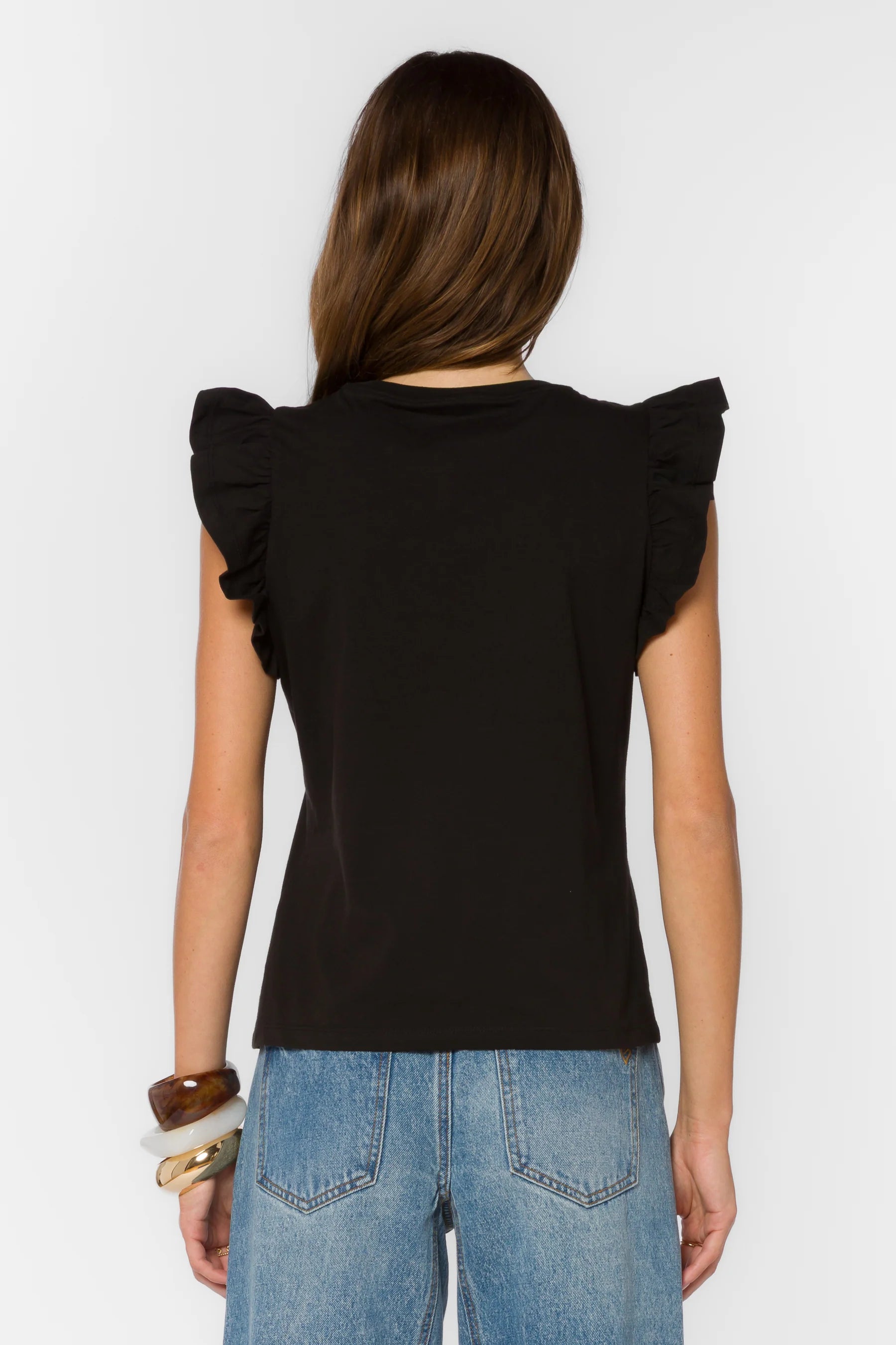 Black Ruffle sleeve top, cotton flutter tee, feminine crewneck shirt, women's cotton basics, flutter sleeve blouse, soft cotton t-shirt, Fabiola top, summer cotton tops at ooh la la! in Grapevine TX 76051