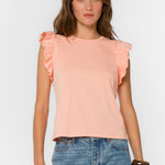 Pink Sand Ruffle sleeve top, cotton flutter tee, feminine crewneck shirt, women's cotton basics, flutter sleeve blouse, soft cotton t-shirt, Fabiola top, summer cotton tops at ooh la la! in Grapevine TX 76051