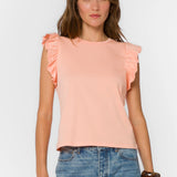 Pink Sand Ruffle sleeve top, cotton flutter tee, feminine crewneck shirt, women's cotton basics, flutter sleeve blouse, soft cotton t-shirt, Fabiola top, summer cotton tops at ooh la la! in Grapevine TX 76051