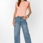 Pink Sand Ruffle sleeve top, cotton flutter tee, feminine crewneck shirt, women's cotton basics, flutter sleeve blouse, soft cotton t-shirt, Fabiola top, summer cotton tops at ooh la la! in Grapevine TX 76051