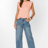 Pink Sand Ruffle sleeve top, cotton flutter tee, feminine crewneck shirt, women's cotton basics, flutter sleeve blouse, soft cotton t-shirt, Fabiola top, summer cotton tops at ooh la la! in Grapevine TX 76051