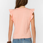 Pink Sand Ruffle sleeve top, cotton flutter tee, feminine crewneck shirt, women's cotton basics, flutter sleeve blouse, soft cotton t-shirt, Fabiola top, summer cotton tops at ooh la la! in Grapevine TX 76051