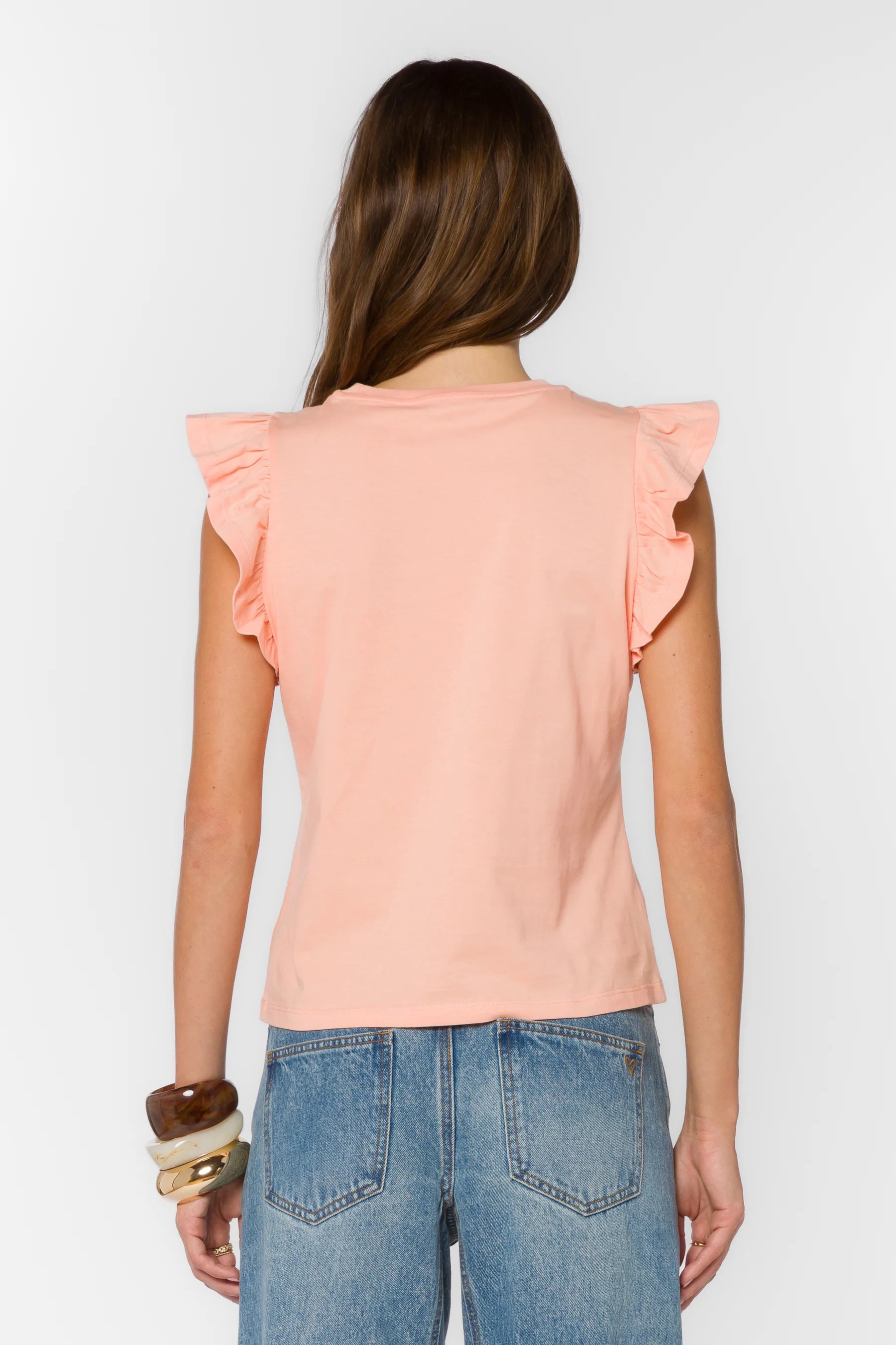 Pink Sand Ruffle sleeve top, cotton flutter tee, feminine crewneck shirt, women's cotton basics, flutter sleeve blouse, soft cotton t-shirt, Fabiola top, summer cotton tops at ooh la la! in Grapevine TX 76051