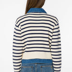 Back view of striped cardigan jacket with denim collar and trim details