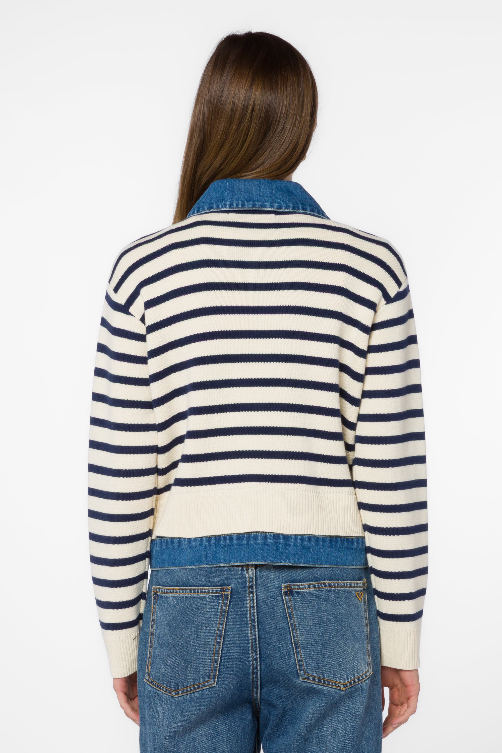 Back view of striped cardigan jacket with denim collar and trim details
