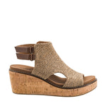 Corky's Falling Hard tan wedge sandal with cork platform and brown ankle strap buckle at ooh la la! in Grapevine TX 76051
