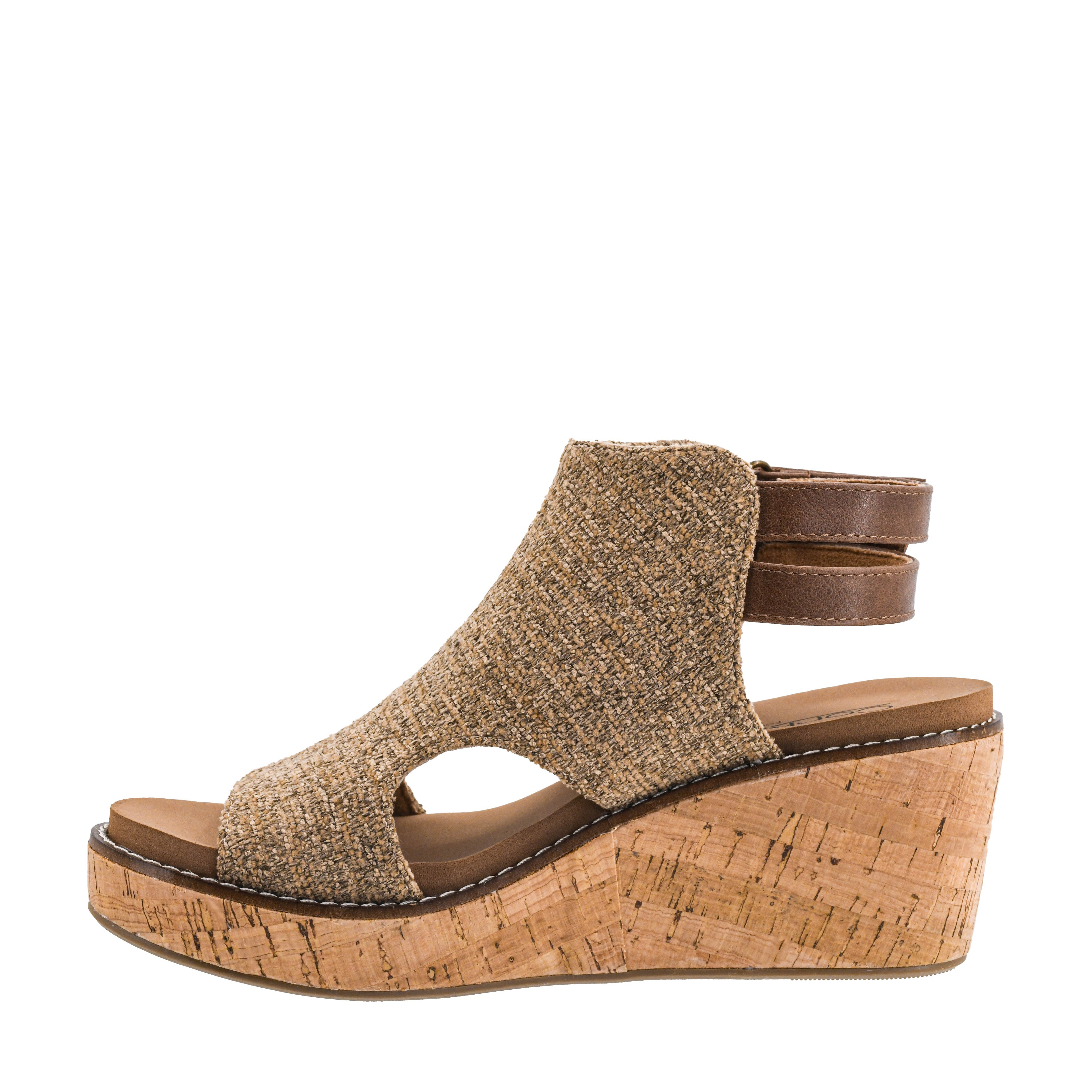 Corky's Falling Hard tan wedge sandal with cork platform and brown ankle strap buckle at ooh la la! in Grapevine TX 76051