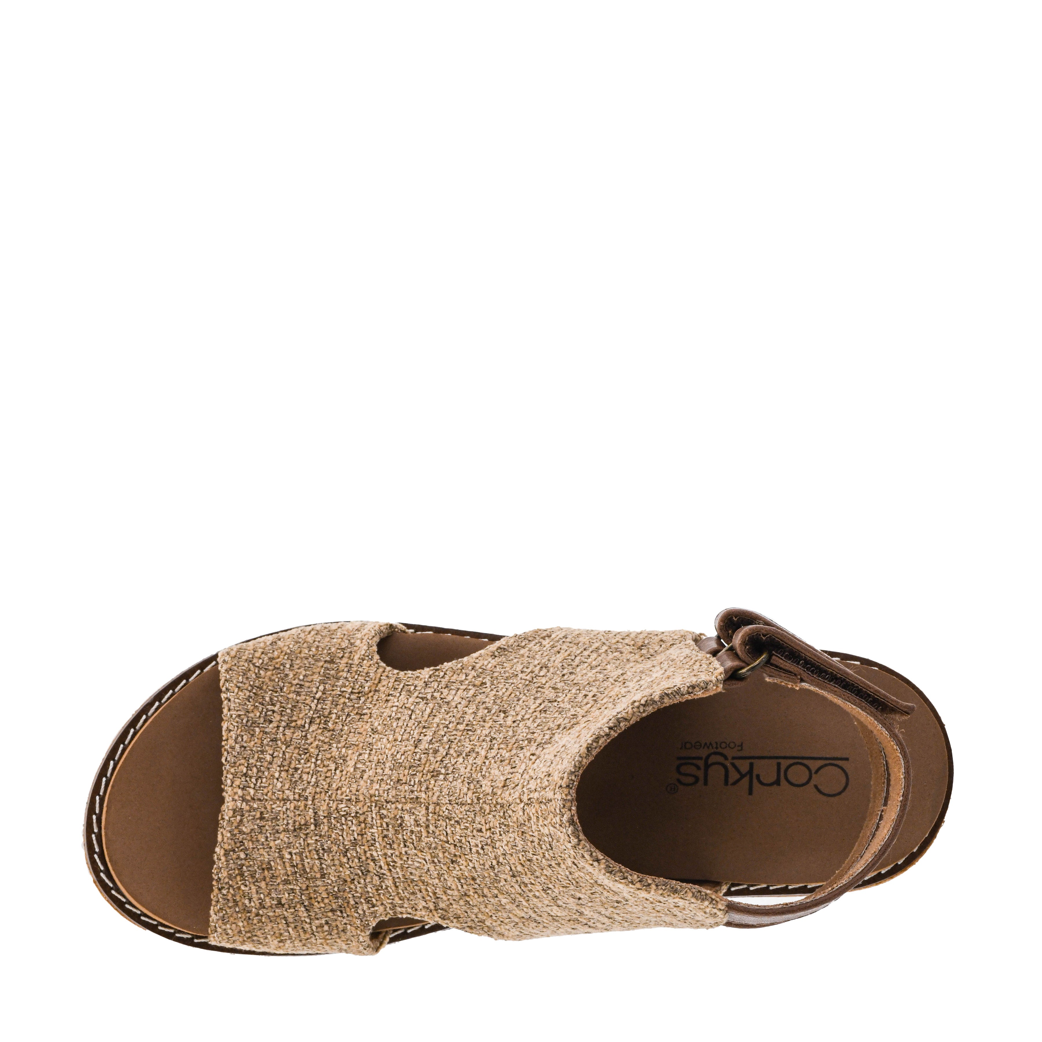 Corky's Falling Hard tan wedge sandal with cork platform and brown ankle strap buckle at ooh la la! in Grapevine TX 76051