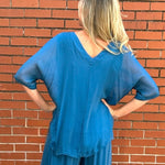 Made in Italy VNeck Silk Tunic with Ruffle Hem in Teal at ooh la la! in Grapevine TX 76051