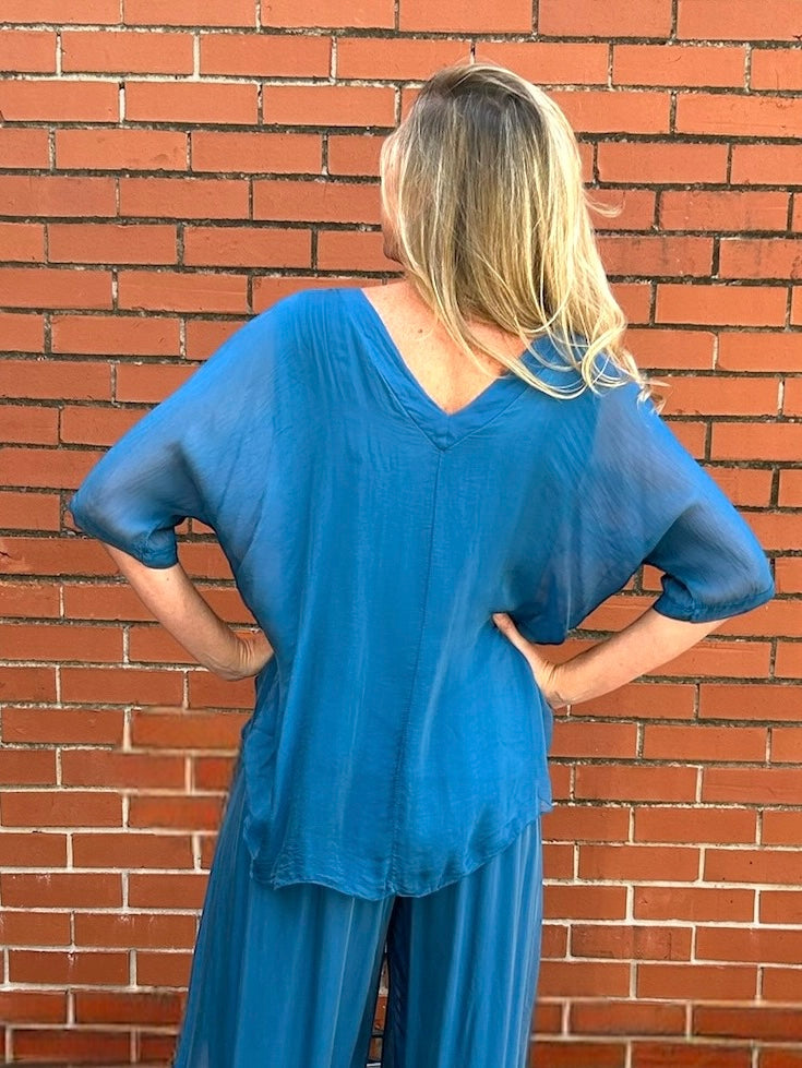 Made in Italy VNeck Silk Tunic with Ruffle Hem in Teal at ooh la la! in Grapevine TX 76051