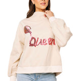 Queen of Sparkles Red Wine Pouring "Queen" Sequin Mock Neck Sweatshirt - Beige at ooh la la! in Grapevine TX 76051