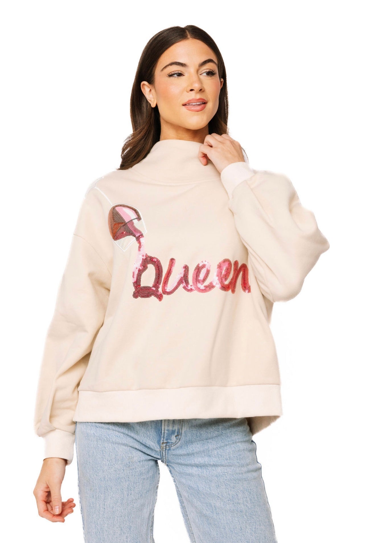 Queen of Sparkles Red Wine Pouring "Queen" Sequin Mock Neck Sweatshirt - Beige at ooh la la! in Grapevine TX 76051