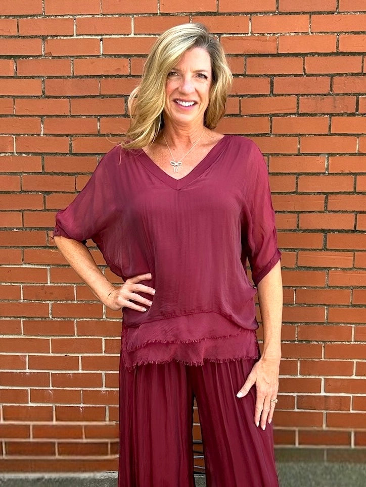 Made in Italy VNeck Silk Tunic with Ruffle Hem in Burgundy at ooh la la! in Grapevine TX 76051