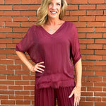 Made in Italy VNeck Silk Tunic with Ruffle Hem in Burgundy at ooh la la! in Grapevine TX 76051