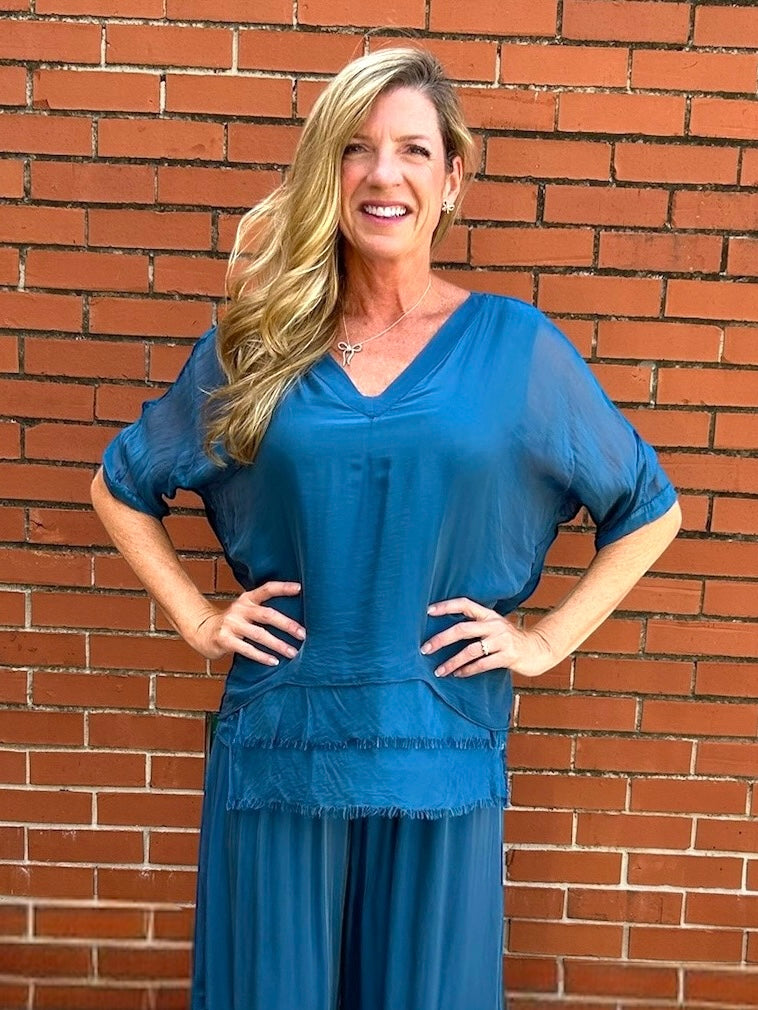 Made in Italy VNeck Silk Tunic with Ruffle Hem in Teal at ooh la la! in Grapevine TX 76051