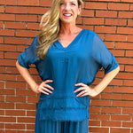 Made in Italy VNeck Silk Tunic with Ruffle Hem in Teal at ooh la la! in Grapevine TX 76051